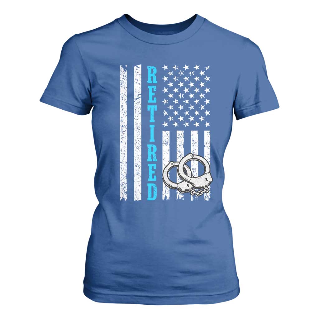 Funny Retired Police Officer T Shirt For Women Patriotic Flag With Handcuffs TS12 Royal Blue Print Your Wear