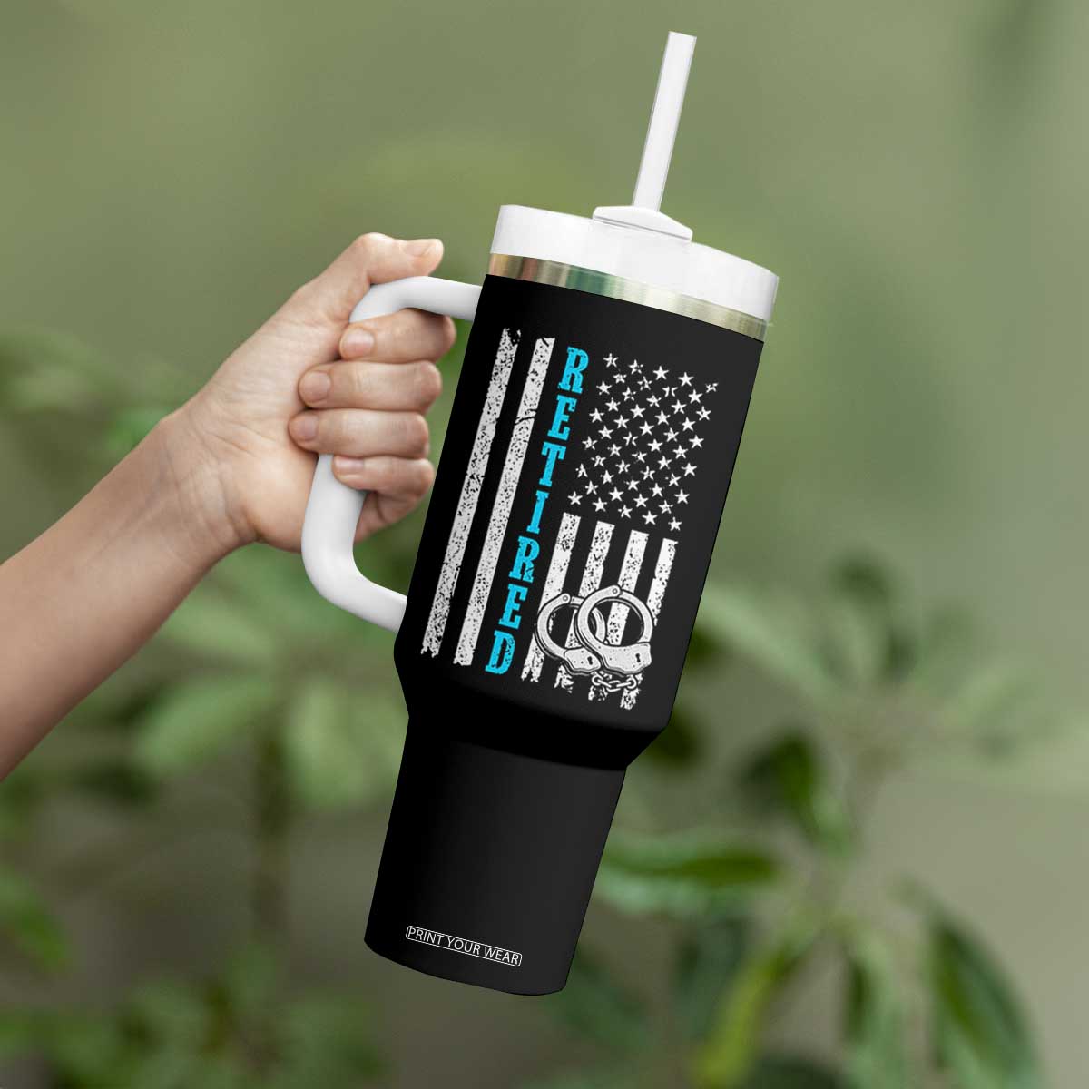 Funny Retired Police Officer Tumbler With Handle Patriotic Flag With Handcuffs TS12 Print Your Wear