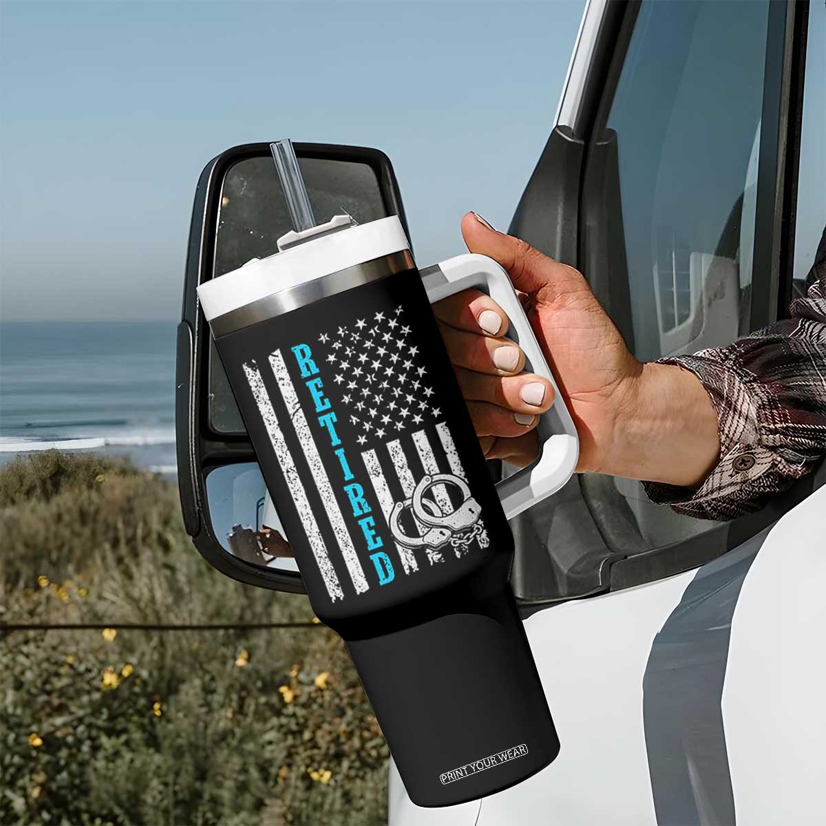 Funny Retired Police Officer Tumbler With Handle Patriotic Flag With Handcuffs TS12 Print Your Wear