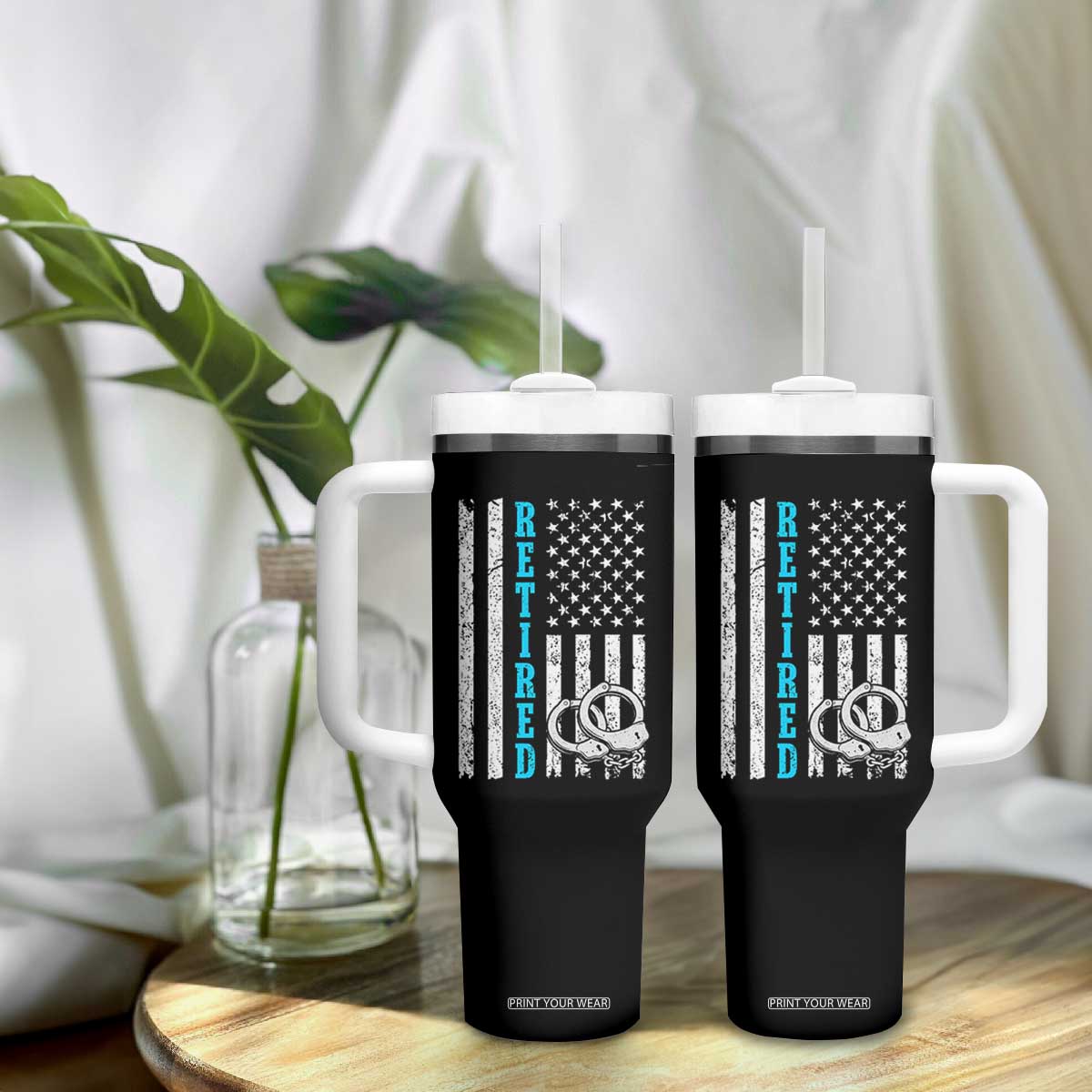 Funny Retired Police Officer Tumbler With Handle Patriotic Flag With Handcuffs TS12 Print Your Wear