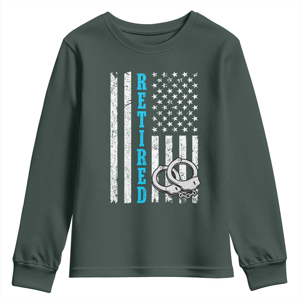 Funny Retired Police Officer Youth Sweatshirt Patriotic Flag With Handcuffs TS12 Dark Forest Green Print Your Wear