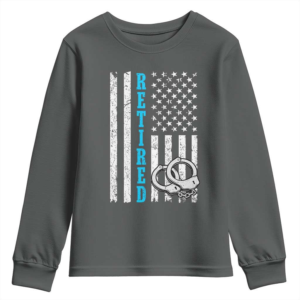 Funny Retired Police Officer Youth Sweatshirt Patriotic Flag With Handcuffs TS12 Dark Heather Print Your Wear