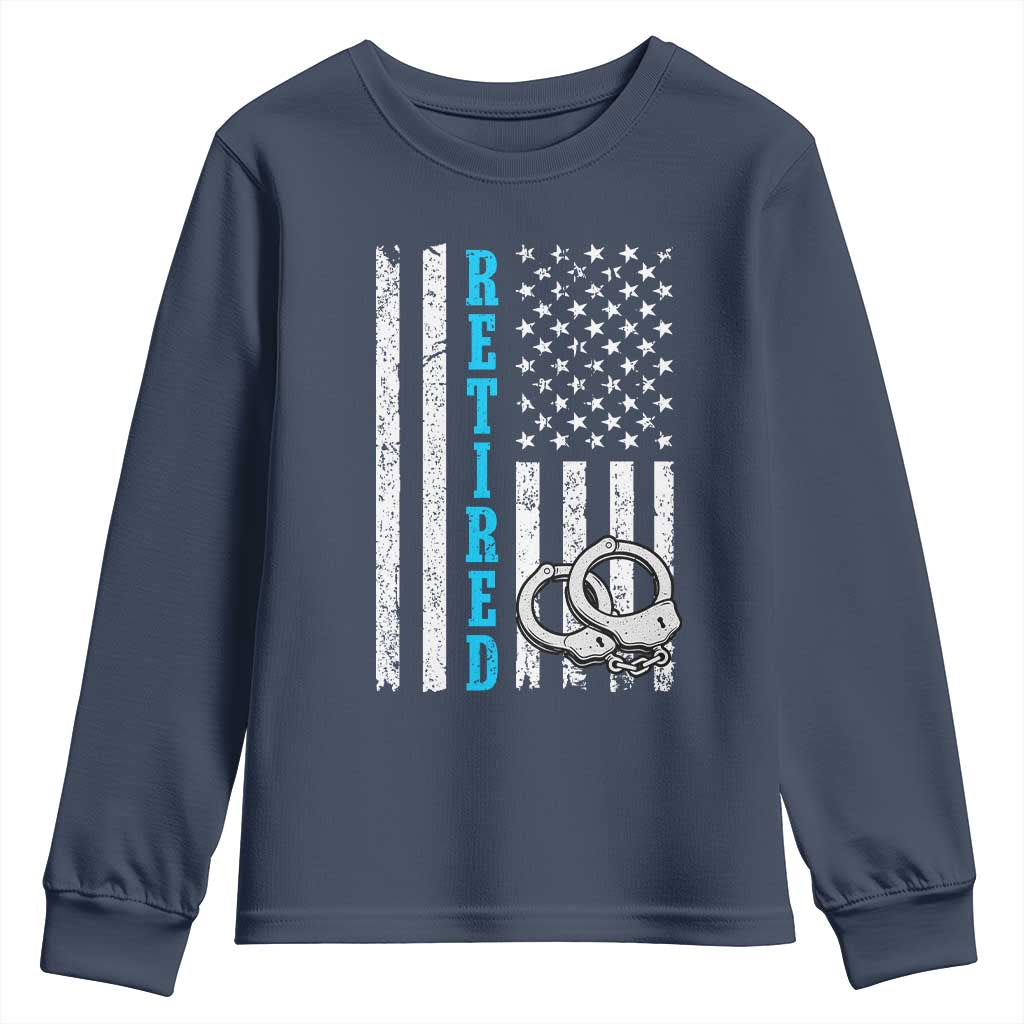 Funny Retired Police Officer Youth Sweatshirt Patriotic Flag With Handcuffs TS12 Navy Print Your Wear