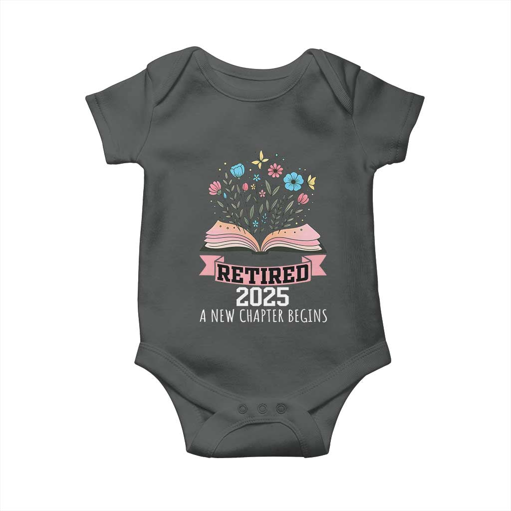 Women Retirement Life Baby Onesie Retired 2025 A New Chapter Begins Floral Book TS12 Dark Heather Print Your Wear