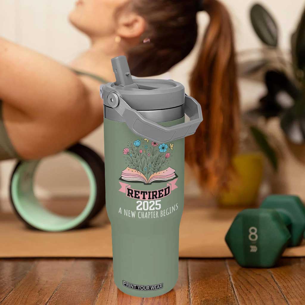 Women Retirement Life Flip Straw Tumbler Retired 2025 A New Chapter Begins Floral Book TS12 One Size: 30 oz Moss Green Print Your Wear