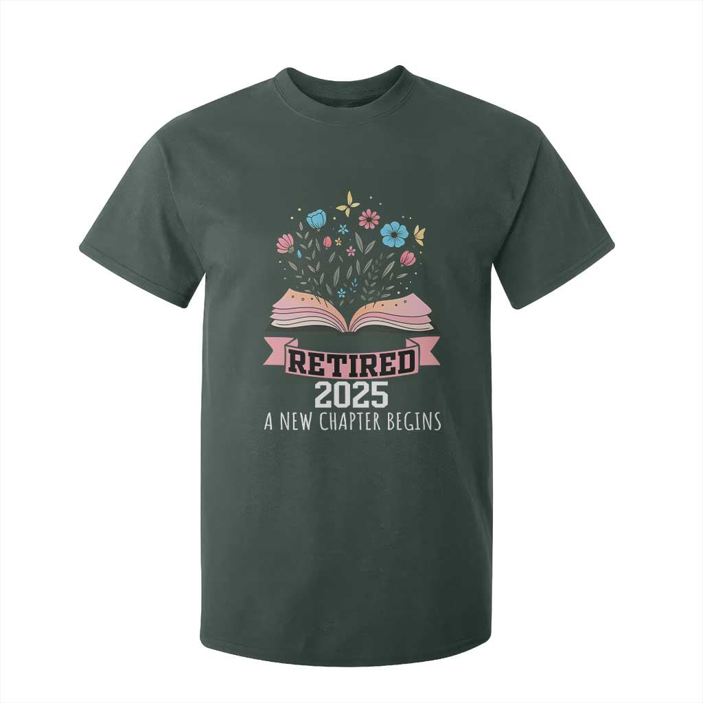 Women Retirement Life T Shirt For Kid Retired 2025 A New Chapter Begins Floral Book TS12 Dark Forest Green Print Your Wear