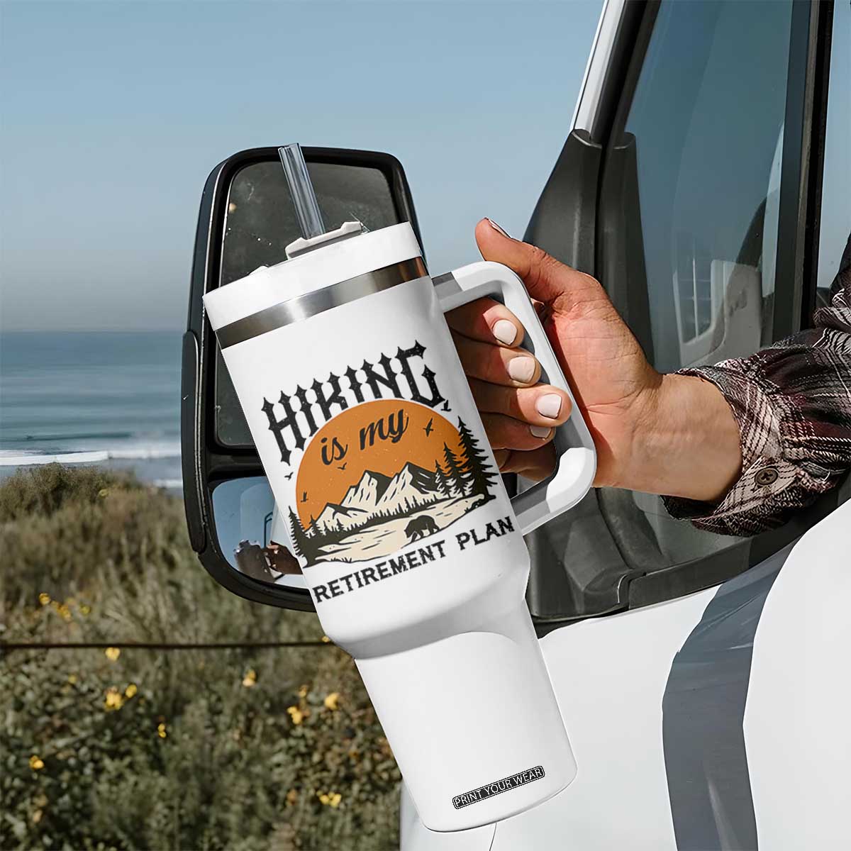 Hiking Is My Retirement Plan Tumbler With Handle Outdoor Vintage Mountain Scene TS12 Print Your Wear