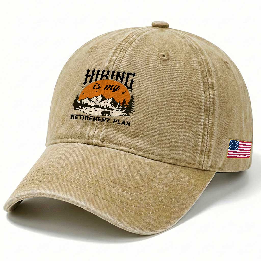 Hiking Is My Retirement Plan Washed Cotton Baseball Cap - Outdoor Vintage Mountain Scene TS12 Print Your Wear