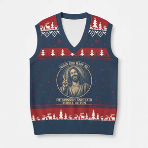 When God Made Me He Grinned And Said This Will Be Fun V-Neck Knit Sweater Vest Funny Christian Jesus TS12 Navy Red Print Your Wear