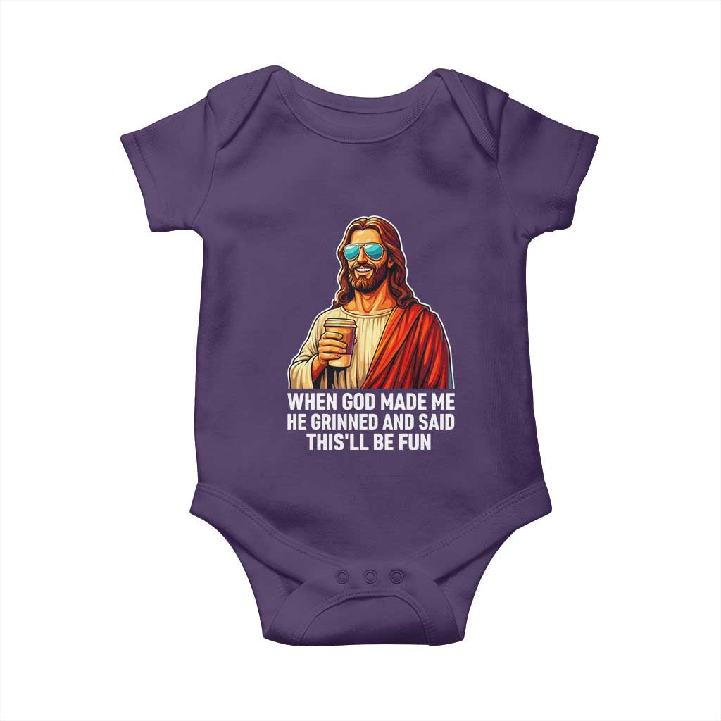 Funny Religious Jesus Baby Onesie When God Made Me He Grinned And Said This Will Be Fun TS12 Purple Print Your Wear