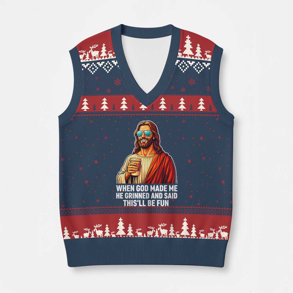 Funny Religious Jesus V-Neck Knit Sweater Vest Wait Im Goated TS12 Navy Red Print Your Wear