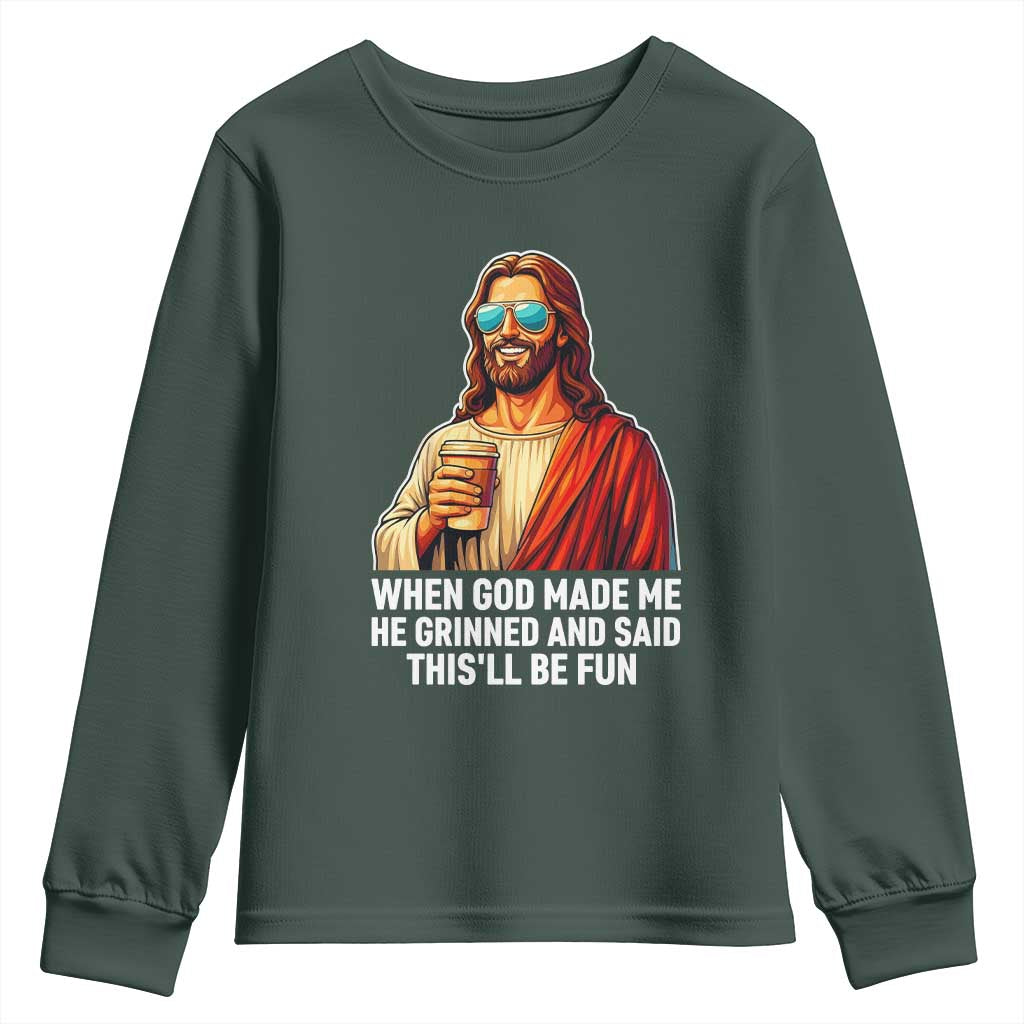 Funny Religious Jesus Youth Sweatshirt Wait Im Goated TS12 Dark Forest Green Print Your Wear