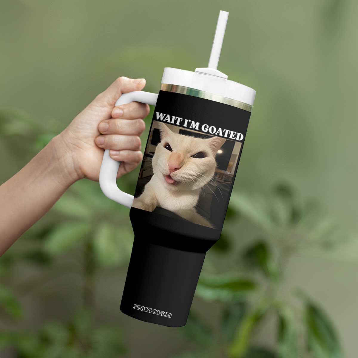 Funny Cat Meme Lover Tumbler With Handle Wait Im Goated TS12 Print Your Wear