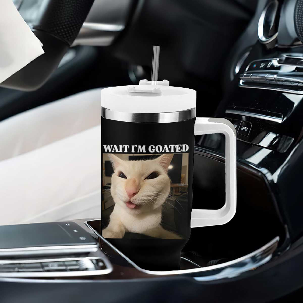 Funny Cat Meme Lover Tumbler With Handle Wait Im Goated TS12 Print Your Wear