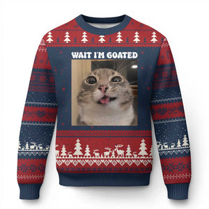 Funny Silly Cat Meme Ugly Christmas Sweater Wait Im Goated TS12 Navy Red Print Your Wear