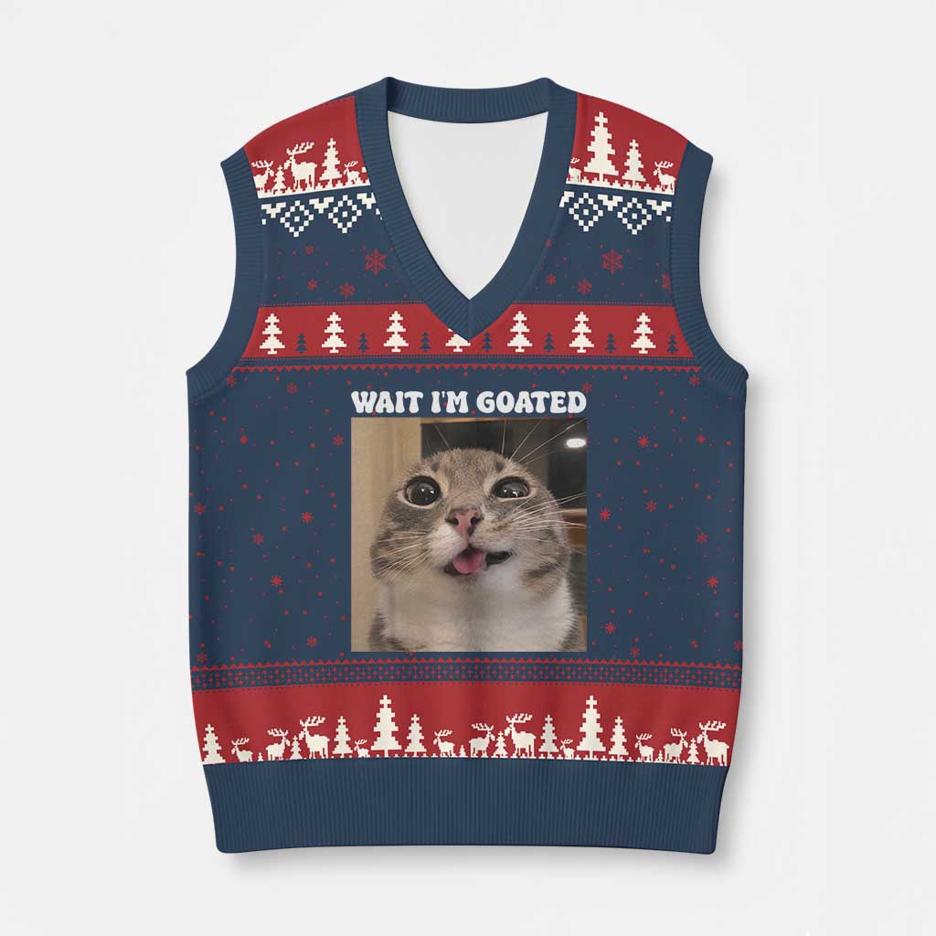 Funny Silly Cat Meme V-Neck Knit Sweater Vest Wait Im Goated TS12 Navy Red Print Your Wear
