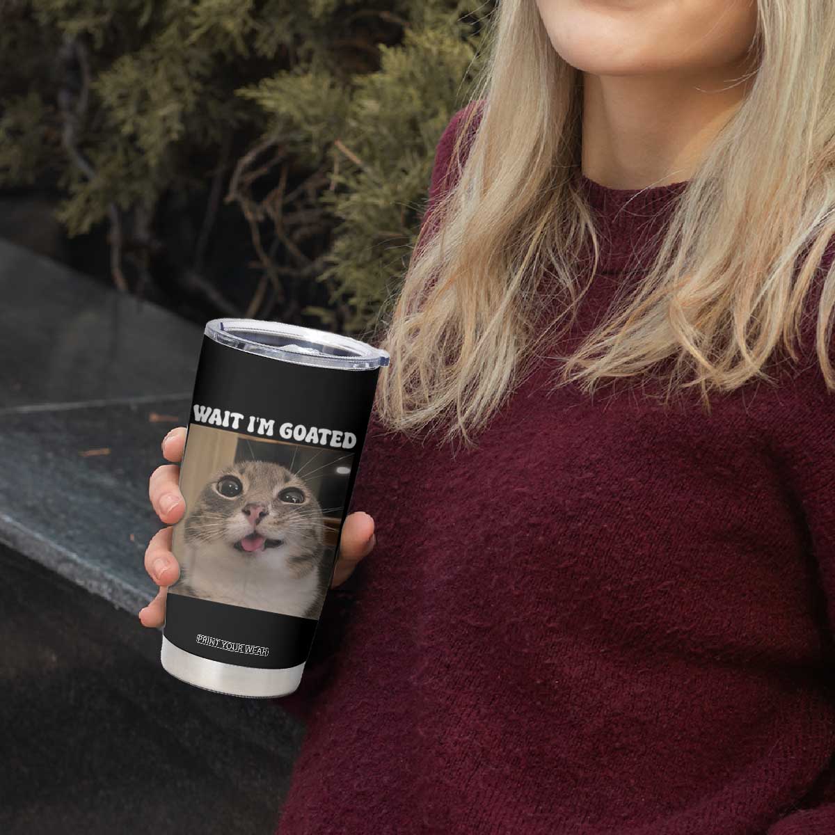 Funny Silly Cat Meme Tumbler Cup Wait Im Goated TS12 Print Your Wear