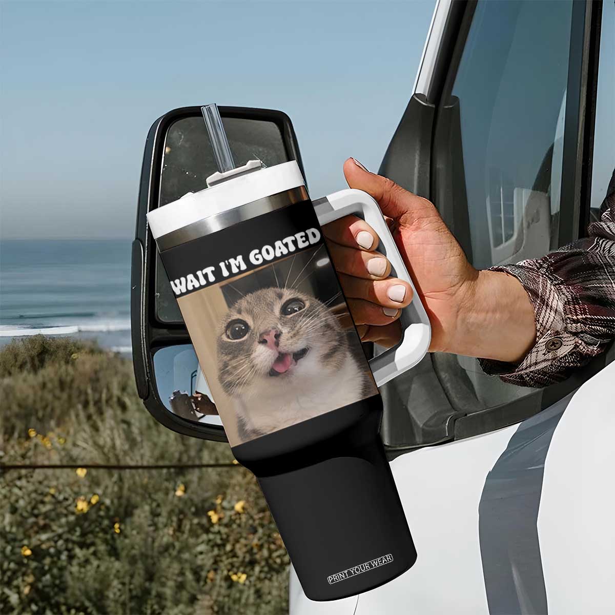 Funny Silly Cat Meme Tumbler With Handle Wait Im Goated TS12 Print Your Wear