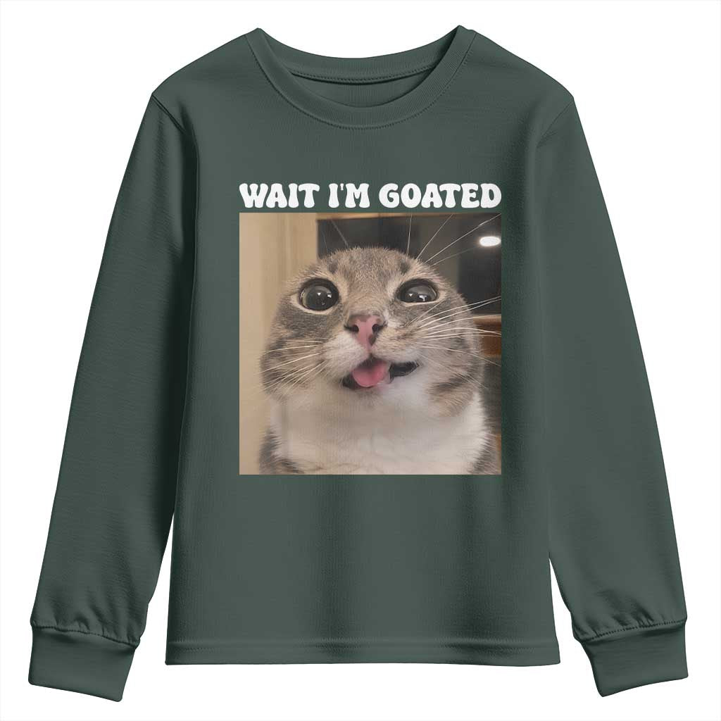 Funny Silly Cat Meme Youth Sweatshirt Wait Im Goated TS12 Dark Forest Green Print Your Wear