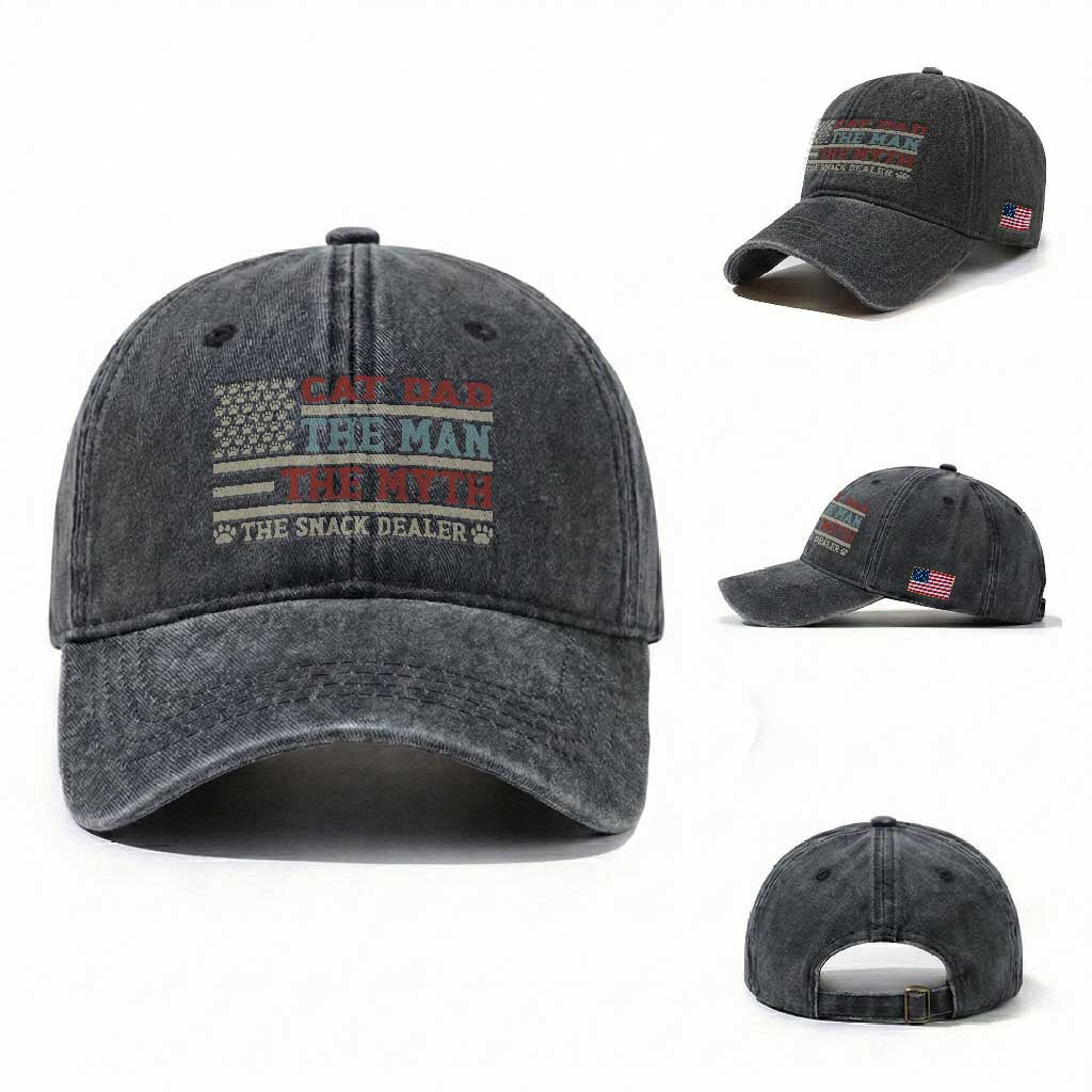 Vintage USA Cat Dad Washed Cotton Baseball Cap The Man The Myth The Snack Dealer TS12 Washed Cap Universal Fit Dark Gray Print Your Wear