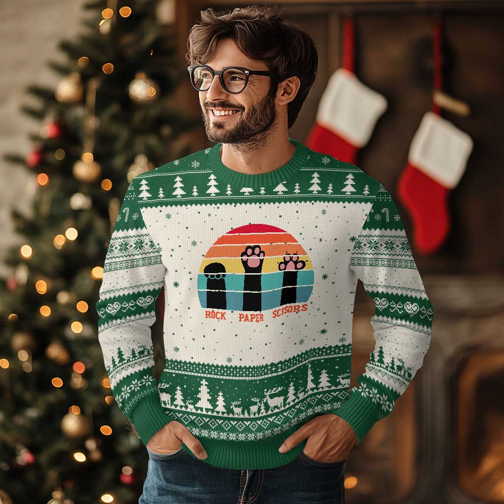 Funny Vintage Black Cat Introvert Ugly Christmas Sweater Rock Paper Scissors Paw TS12 Beige Green Print Your Wear