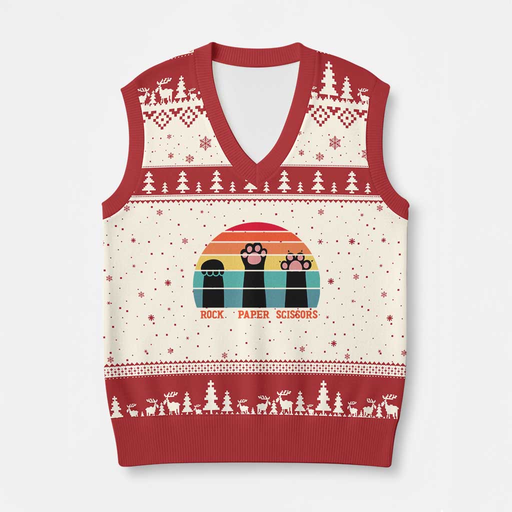 Funny Vintage Black Cat Introvert V-Neck Knit Sweater Vest Rock Paper Scissors Paw TS12 Beige Red Print Your Wear