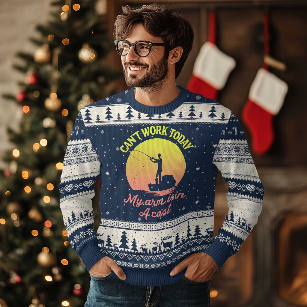 Funny Fishing Enthusiast Gift Ugly Christmas Sweater I Cant Work Today My Arm Is In A Cast TS12 Navy Beige Print Your Wear
