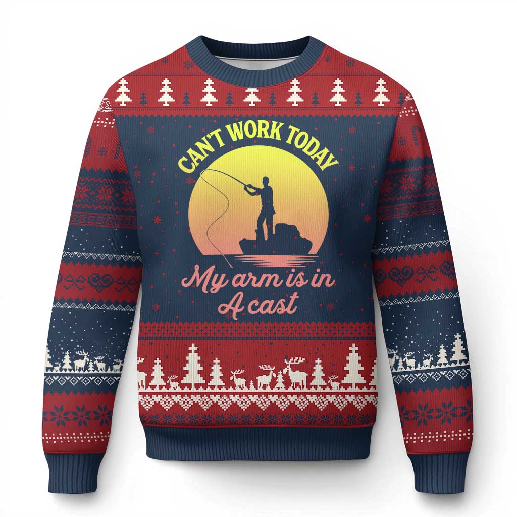 Funny Fishing Enthusiast Gift Ugly Christmas Sweater I Cant Work Today My Arm Is In A Cast TS12 Navy Red Print Your Wear