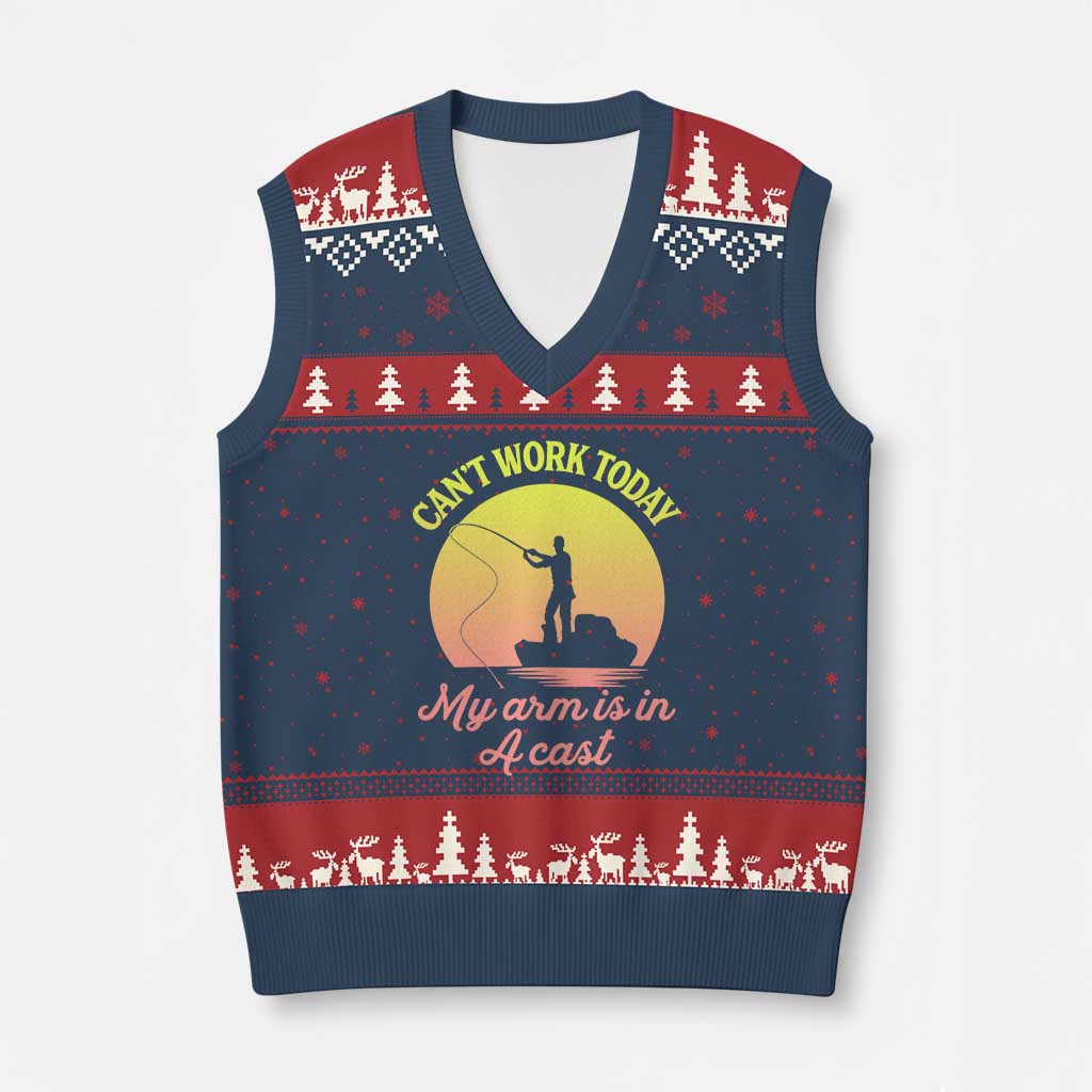 Funny Fishing Enthusiast Gift V-Neck Knit Sweater Vest I Cant Work Today My Arm Is In A Cast TS12 Navy Red Print Your Wear