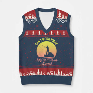 Funny Fishing Enthusiast Gift V-Neck Knit Sweater Vest I Cant Work Today My Arm Is In A Cast TS12 Navy Red Print Your Wear