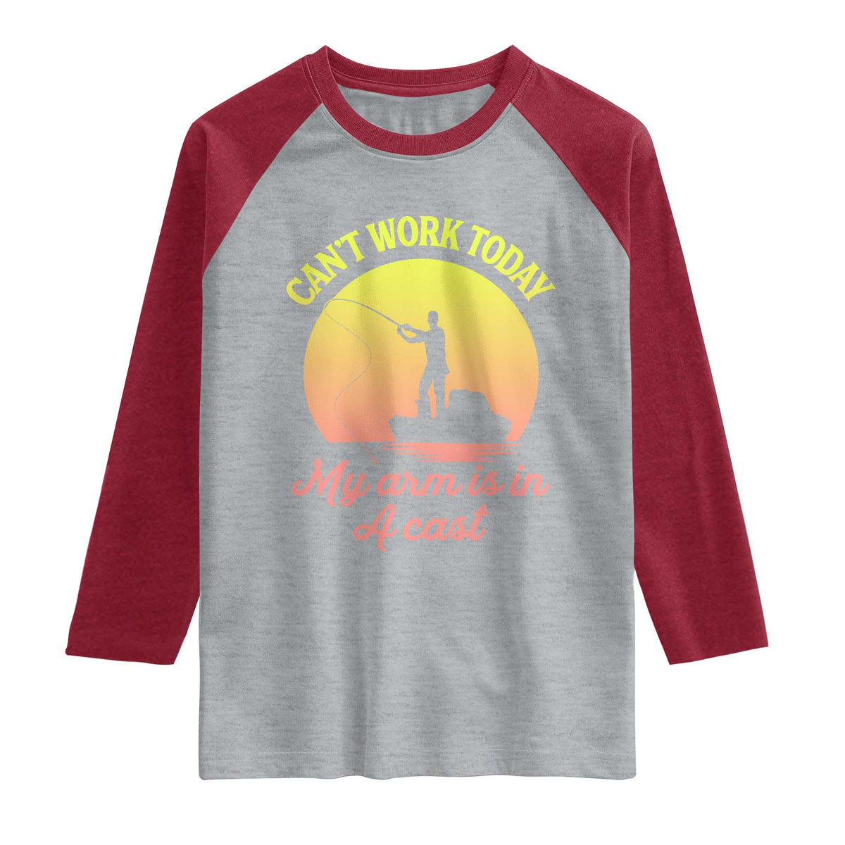 Funny Fishing Enthusiast Gift Raglan Shirt I Cant Work Today My Arm Is In A Cast TS12 Heather Gray Heather Red Print Your Wear