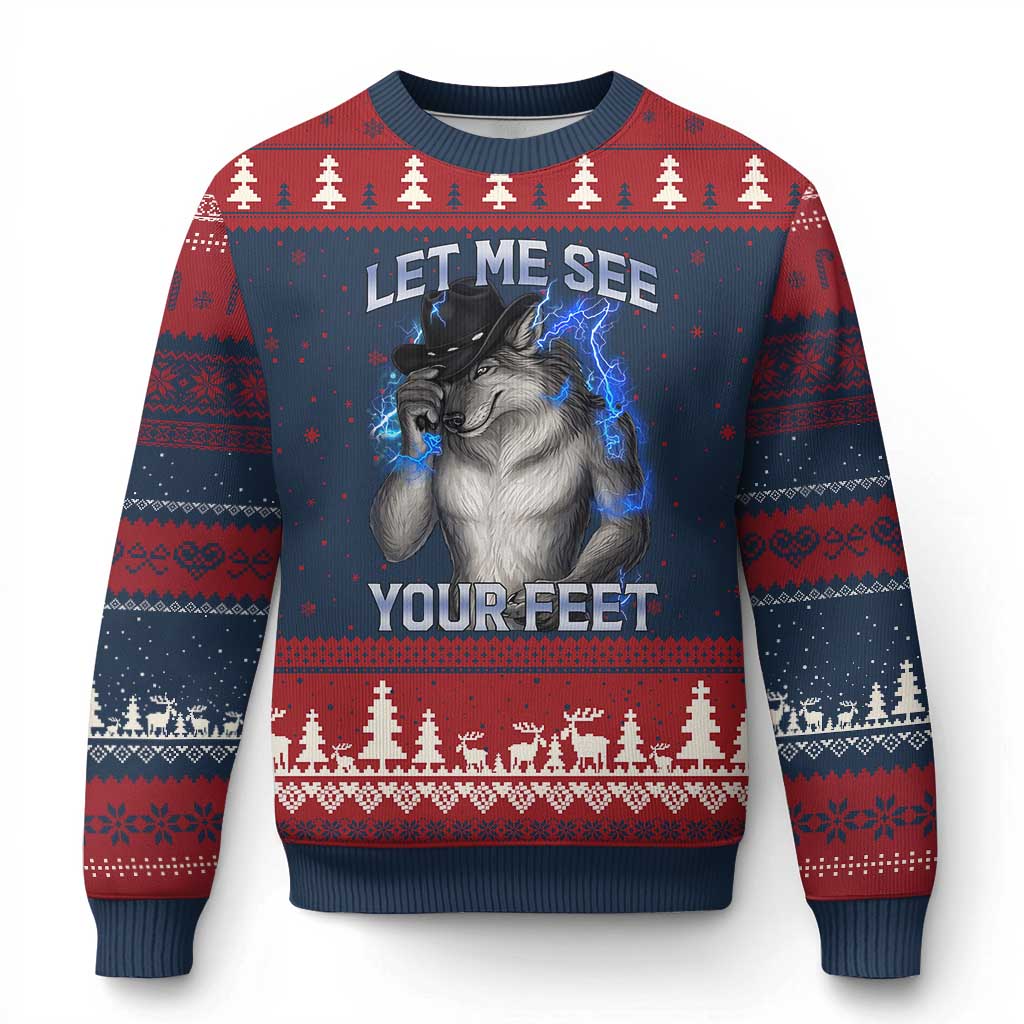 Funny Alpha Wolf Ironic Meme Ugly Christmas Sweater Let Me See Your Feet TS12 Navy Red Print Your Wear