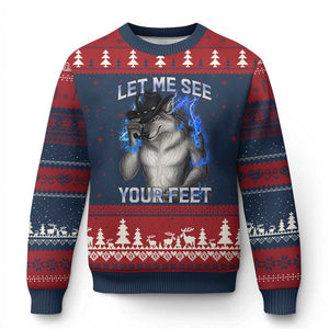 Funny Alpha Wolf Ironic Meme Ugly Christmas Sweater Let Me See Your Feet TS12 Navy Red Print Your Wear