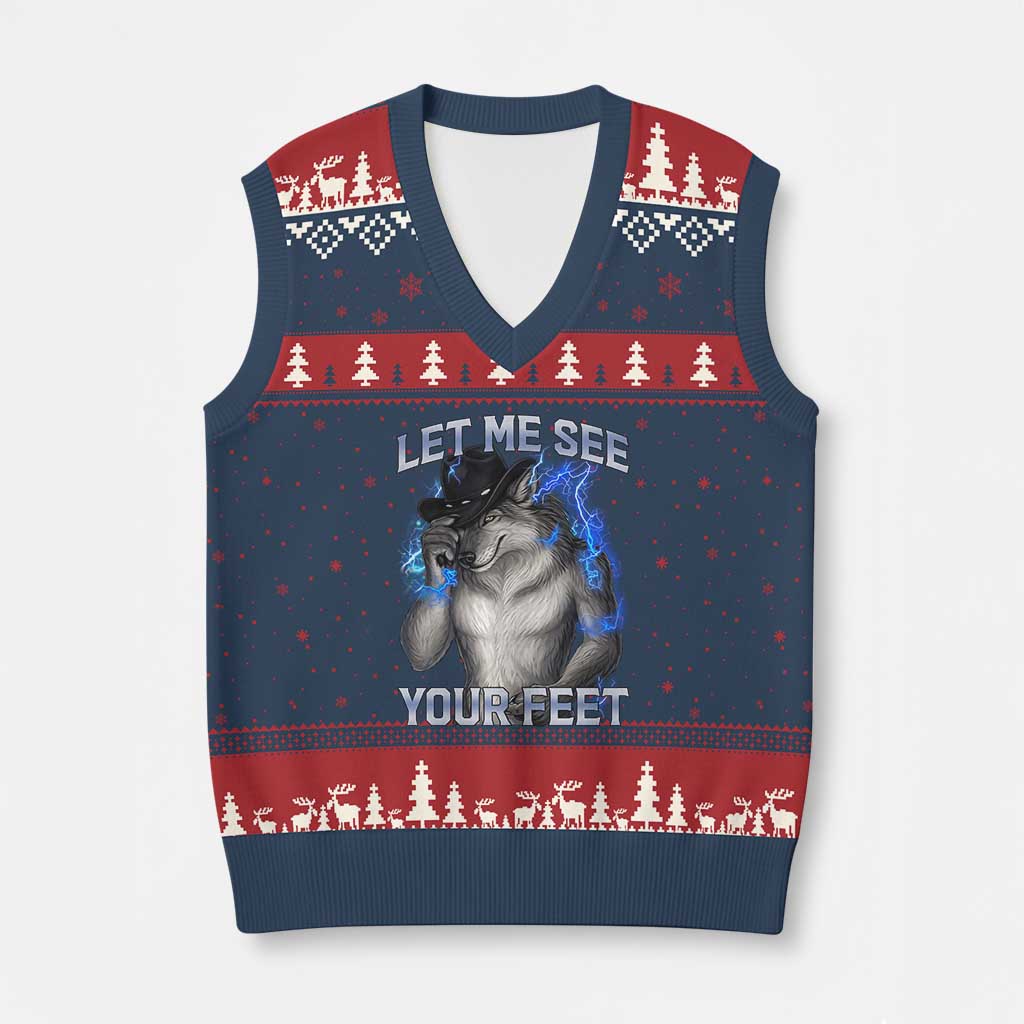 Funny Alpha Wolf Ironic Meme V-Neck Knit Sweater Vest Let Me See Your Feet TS12 Navy Red Print Your Wear