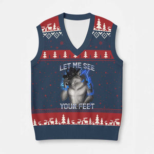 Funny Alpha Wolf Ironic Meme V-Neck Knit Sweater Vest Let Me See Your Feet TS12 Navy Red Print Your Wear