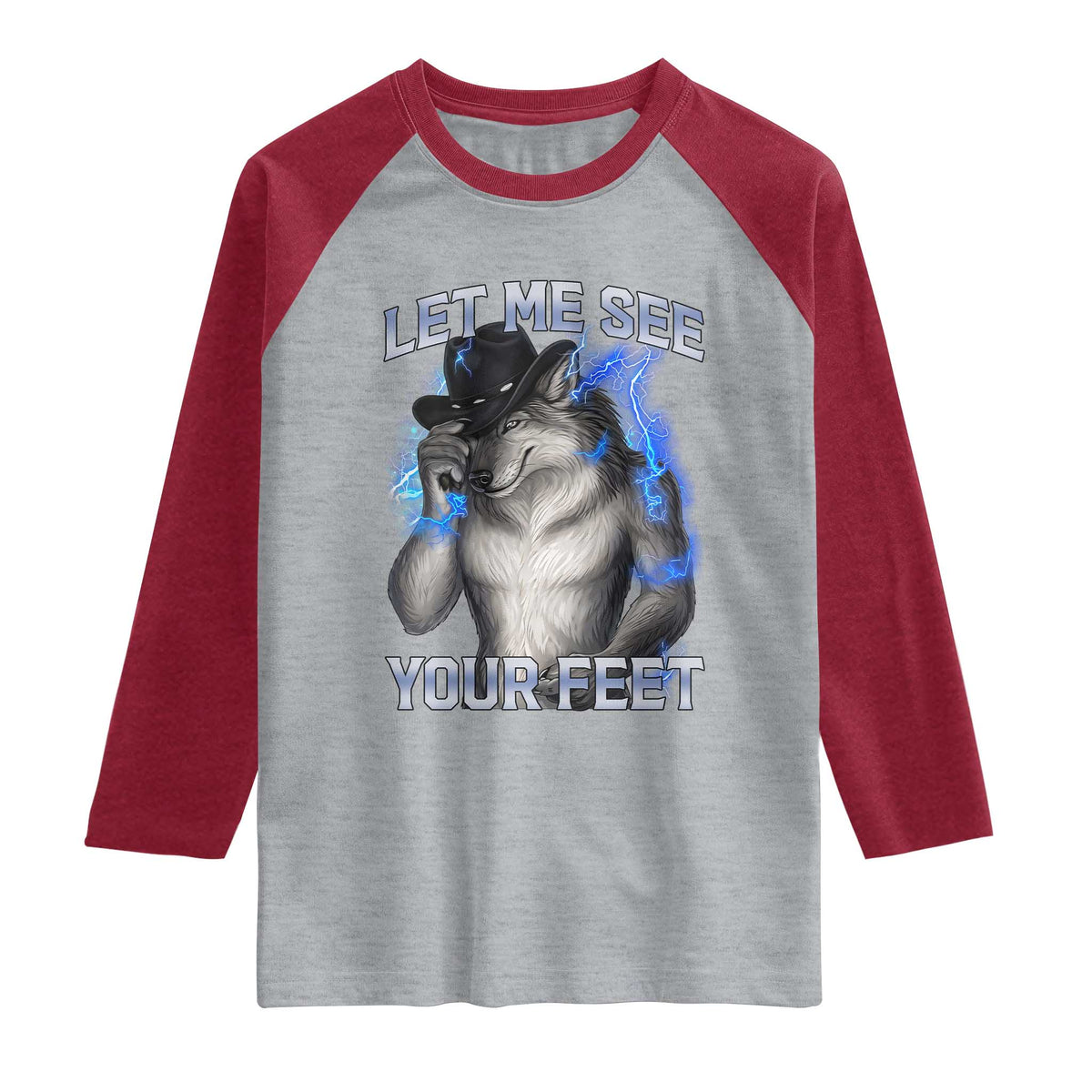 Funny Alpha Wolf Ironic Meme Raglan Shirt Let Me See Your Feet TS12 Heather Gray Heather Red Print Your Wear