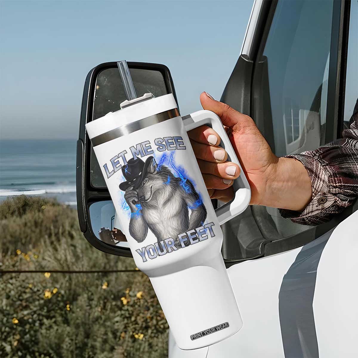 Funny Alpha Wolf Ironic Meme Tumbler With Handle Let Me See Your Feet TS12 Print Your Wear