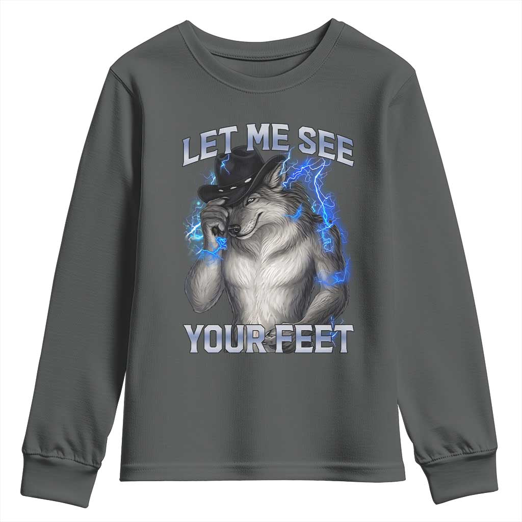 Funny Alpha Wolf Ironic Meme Youth Sweatshirt Let Me See Your Feet TS12 Dark Heather Print Your Wear