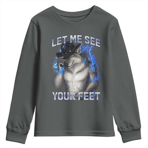 Funny Alpha Wolf Ironic Meme Youth Sweatshirt Let Me See Your Feet TS12 Dark Heather Print Your Wear