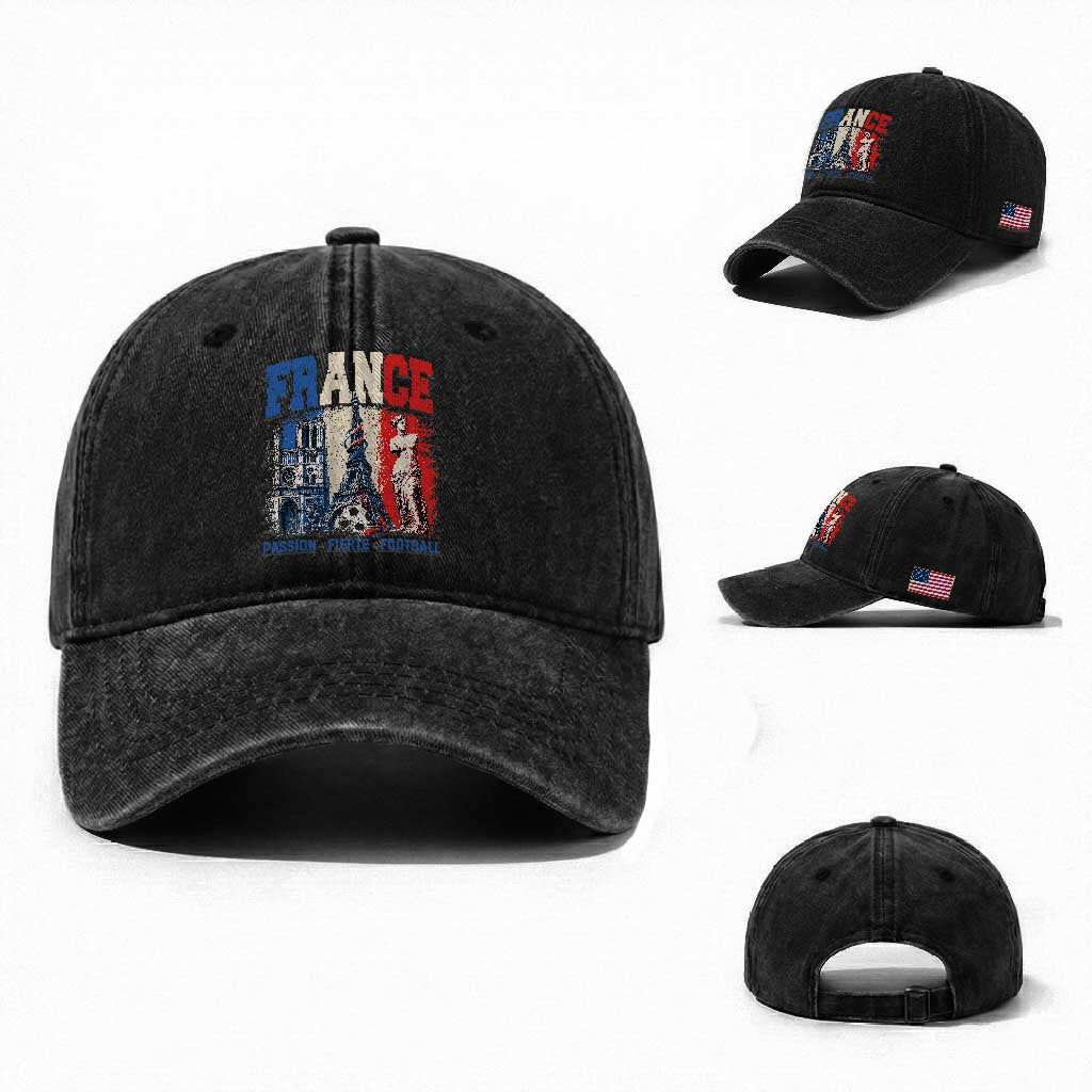 France Soccer Fan Passion Washed Cotton Baseball Cap Fierté Football French Supporter Gift TS12 Washed Cap Universal Fit Black Print Your Wear