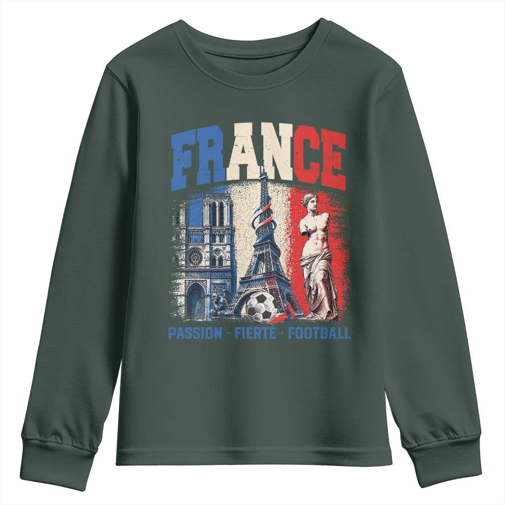 France Soccer Fan Passion Youth Sweatshirt Fierté Football French Supporter Gift TS12 Dark Forest Green Print Your Wear