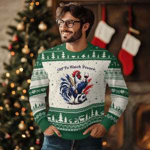 Funny French Rooster Soccer Fan Ugly Christmas Sweater Off To Watch France TS12 Beige Green Print Your Wear
