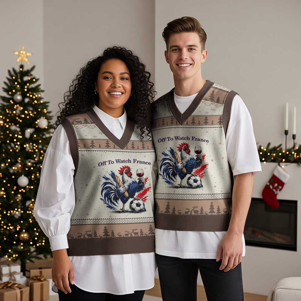 Funny French Rooster Soccer Fan V-Neck Knit Sweater Vest Off To Watch France TS12 Mocha Mousse Print Your Wear