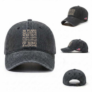 Vintage 30th Birthday Gift Washed Cotton Baseball Cap 30 Years Of Being Awesome TS12 Washed Cap Universal Fit Dark Gray Print Your Wear