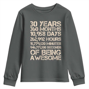 Vintage 30th Birthday Gift Youth Sweatshirt 30 Years Of Being Awesome TS12 Dark Heather Print Your Wear