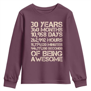 Vintage 30th Birthday Gift Youth Sweatshirt 30 Years Of Being Awesome TS12 Maroon Print Your Wear