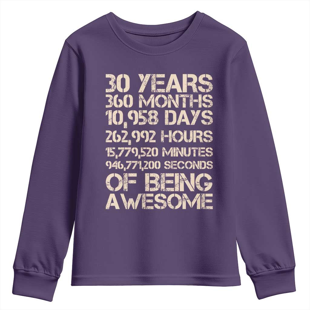 Vintage 30th Birthday Gift Youth Sweatshirt 30 Years Of Being Awesome TS12 Purple Print Your Wear