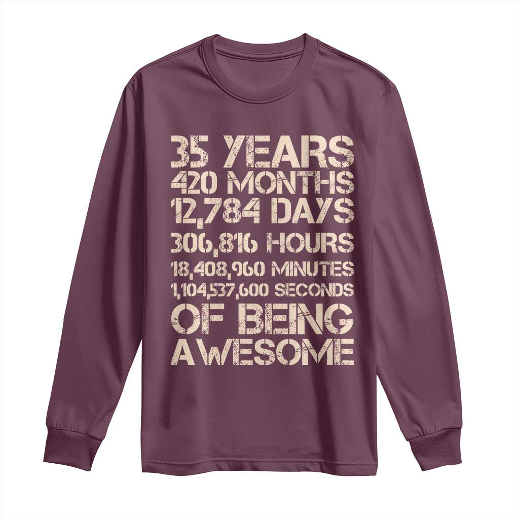 Vintage 35th Birthday Gift Long Sleeve Shirt 35 Years Of Being Awesome TS12 Maroon Print Your Wear