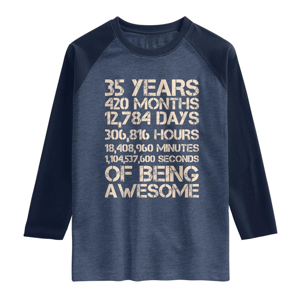 Vintage 35th Birthday Gift Raglan Shirt 35 Years Of Being Awesome TS12 Heather Denim Navy Print Your Wear