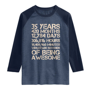 Vintage 35th Birthday Gift Raglan Shirt 35 Years Of Being Awesome TS12 Heather Denim Navy Print Your Wear